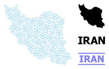Obraz premium Vector collage map of Iran designed for New Year, Christmas celebration, and winter. Mosaic map of Iran is constructed from light blue snow items.