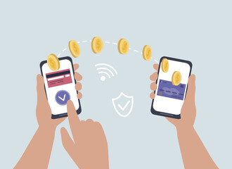 transfer of money online through bank mobile applications. payment via wireless smartphone. purchase of goods in an online store, credit wallet in a mobile. Safe and fast payments over the internet