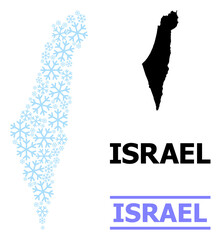 Vector mosaic map of Israel organized for New Year, Christmas celebration, and winter. Mosaic map of Israel is made from light blue snow items. Design template for political and New Year posters.