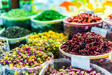 Spices and herbs on the arab street market stall