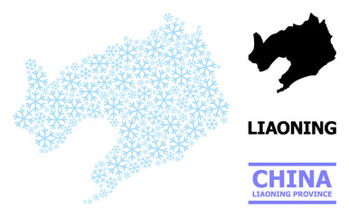 Obraz premium Vector mosaic map of Liaoning Province done for New Year, Christmas celebration, and winter. Mosaic map of Liaoning Province is designed with light blue ice crystals.