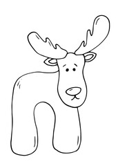Christmas elk cartoon style. Coloring book for kids. Vector illustration. Hand drawn.