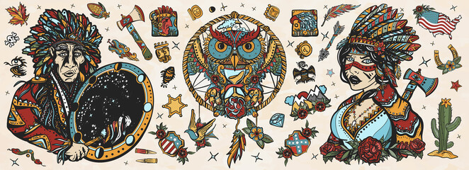 Naklejka premium Native American Indian old school tattoo vector collection. Ethnic warrior girl, shamanic female, dream catcher, owl and old cherokee shaman. Tribal culture and history. Traditional tattooing style