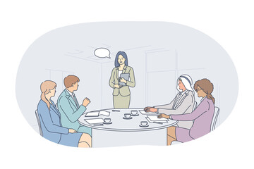 Teamwork, cooperation, international partnership concept. Young business people office workers partners cartoon characters multiethnic group discussing projects in office illustration 
