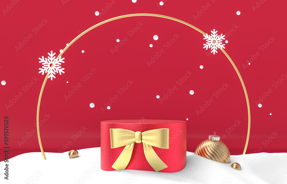 Aufkleber winter christmas scene with a podium backdrop for product display. 3d render.