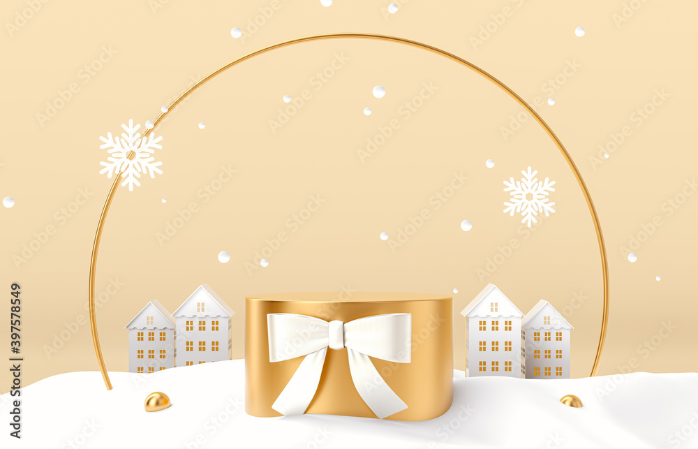 Aufkleber winter christmas scene with a podium backdrop for product display. 3d render.