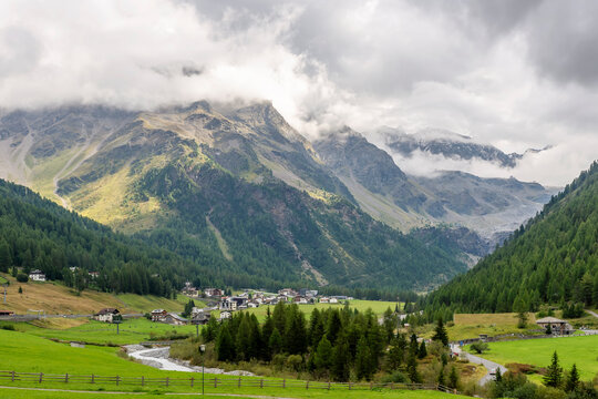 Panoramic view of Solda, South Tyrol, Italy, under a dramatic sky