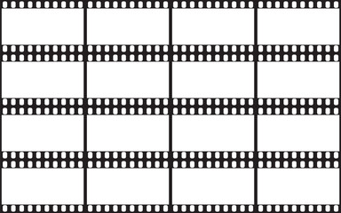 Blank film strip. Vector illustration of empty analog photographic film connected with each other. Set of film frames with space for text or object inside. Horizontal orientation.