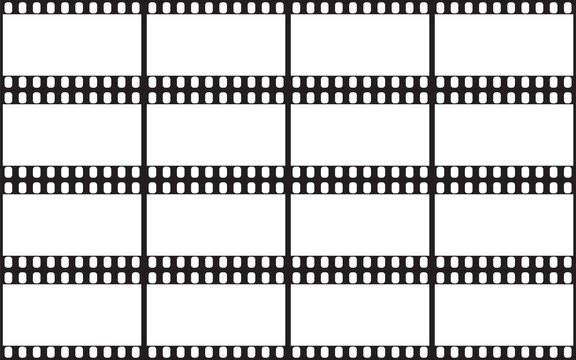 Blank film strip. Vector illustration of empty analog photographic film connected with each other. Set of film frames with space for text or object inside. Horizontal orientation.