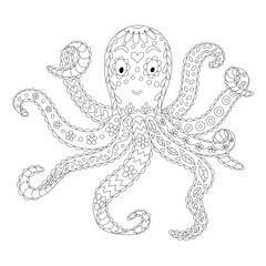 Ornate stylized octopus for adult coloring book. Design element isolated on white background. Cartoon devilfish with floral texture for antistress coloring page. Vector illustration in zentangle style