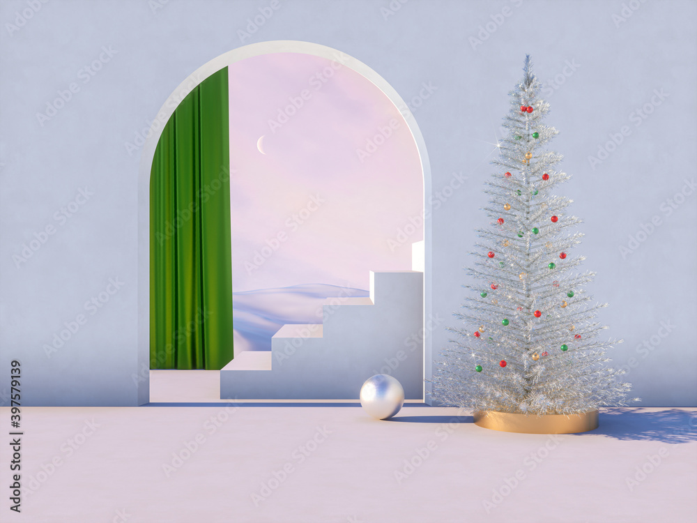 Aufkleber Winter Christmas scene with a podium backdrop for product display. 3d render.