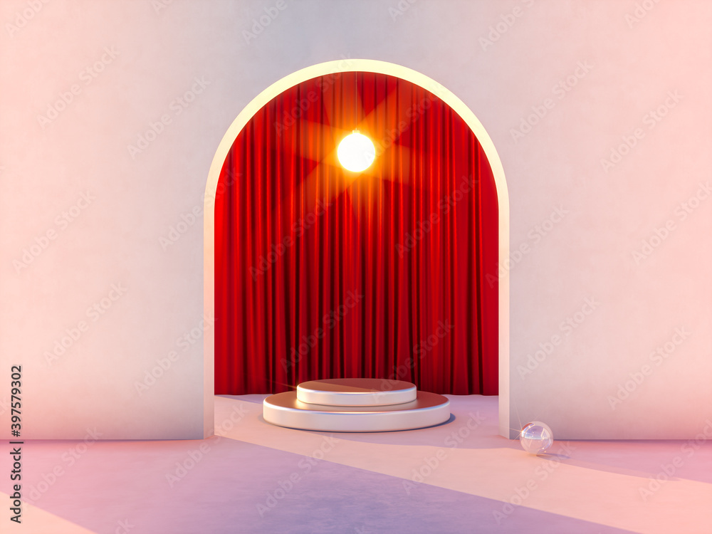 Poster winter christmas scene with a podium backdrop for product display. 3d render.