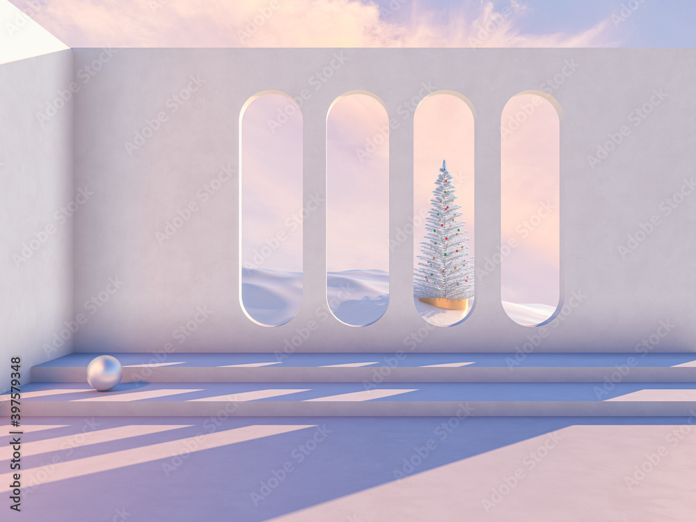 Aufkleber winter christmas scene with a podium backdrop for product display. 3d render.