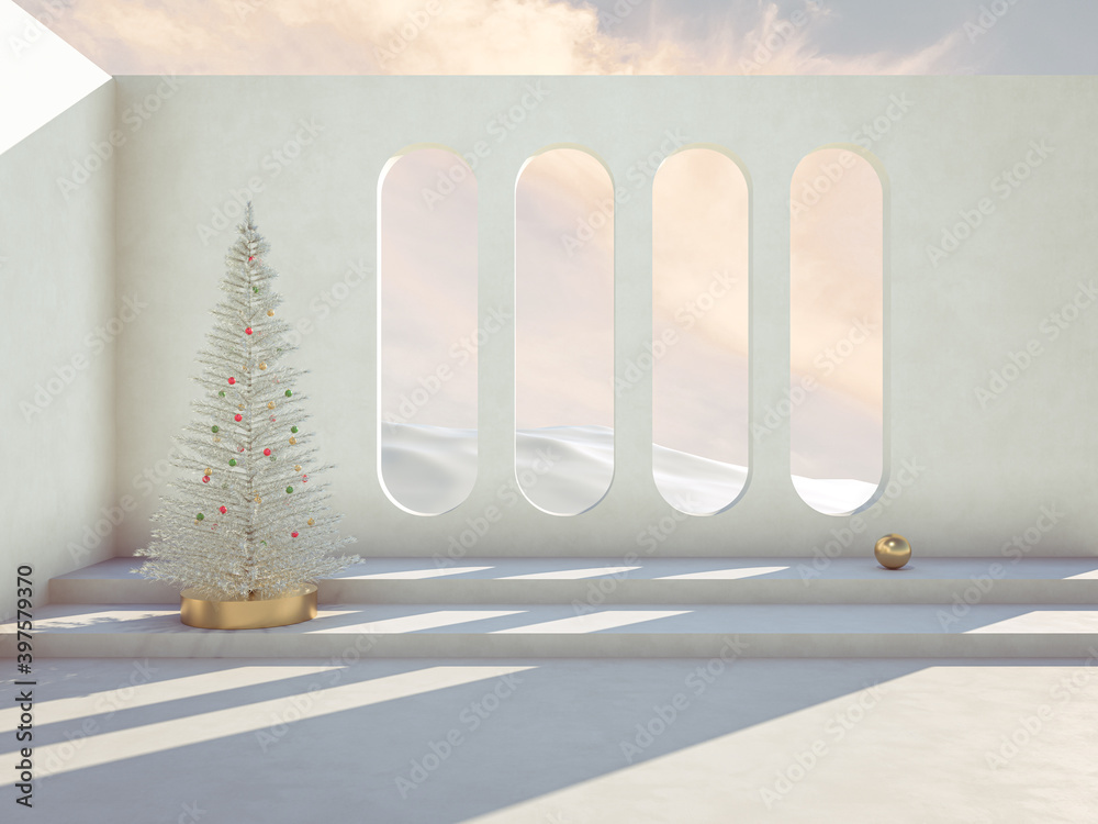 Poster winter christmas scene with a podium backdrop for product display. 3d render.