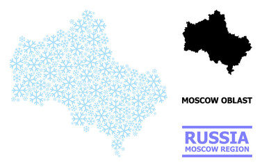 Fototapeta premium Vector collage map of Moscow Region created for New Year, Christmas celebration, and winter. Mosaic map of Moscow Region is created with light blue snow items.