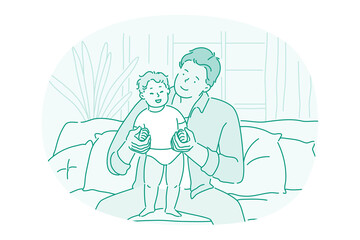 Fathers day, Father and child, activities with children concept. Young positive man father taking care of his little child at home and helping him to stand vector illustration 