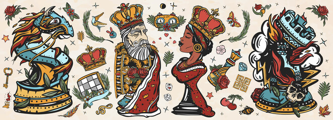 Chess old school tattoo vector collection. White king and black queen. Gambit. Pieces, board game. Fiery knight and burning rook. Cartoon figures. Checkmate concept. Traditional tattooing style