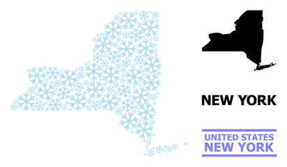 Vector mosaic map of New York State designed for New Year, Christmas celebration, and winter. Mosaic map of New York State is constructed from light blue snow elements.