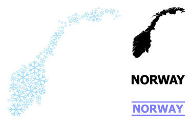 Vector mosaic map of Norway constructed for New Year, Christmas celebration, and winter. Mosaic map of Norway is composed with light blue snow items.