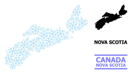 Vector collage map of Nova Scotia Province organized for New Year, Christmas celebration, and winter. Mosaic map of Nova Scotia Province is organized with light blue snow elements.