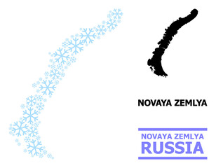 Vector mosaic map of Novaya Zemlya Islands constructed for New Year, Christmas celebration, and winter. Mosaic map of Novaya Zemlya Islands is done of light blue snow items.