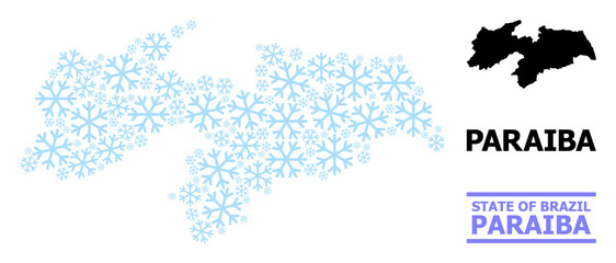 Vector mosaic map of Paraiba State done for New Year, Christmas celebration, and winter. Mosaic map of Paraiba State is created from light blue snow elements.