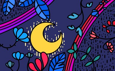 pattern illustration  with yellow moon leaves floral blue midnight sky color 