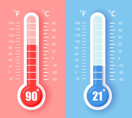 Celsius and fahrenheit meteorology thermometers. Hot and cold thermometers showing hot or cold weather. Vector illustration