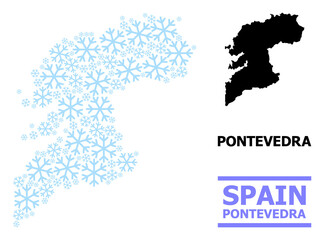 Vector mosaic map of Pontevedra Province combined for New Year, Christmas celebration, and winter. Mosaic map of Pontevedra Province is composed from light blue snow items.