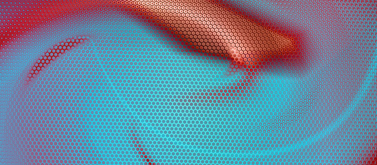 Obraz premium Metal cyan and copper colors, background perforated with hexs. Abstract Technology backdrop geometric textured hexagons, modern design for cover. Banner with hex shapes. Vector illustration