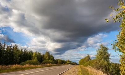 Paved road through the woods on the background of the sky with clouds in summer
