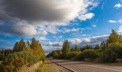 Paved road through the woods on the background of the sky with clouds in summer