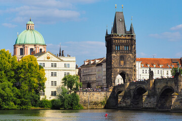 Fototapeta na wymiar Charles bridge, Old Town Bridge Tower. Historical center of Prague, buildings and landmarks, Vltava river. Prague, Czech Republic
