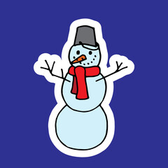 Cute winter snowman with scarf, doodle style positive illustration. Happy new year decoration, winter holiday print. Hand drawn vector illustration isolated on white. Cartoon design for children