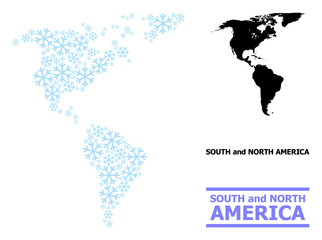 Vector mosaic map of South and North America created for New Year, Christmas celebration, and winter. Mosaic map of South and North America is created from light blue snow elements.