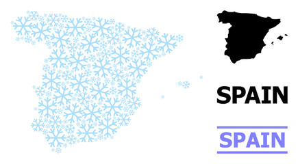 Fototapeta premium Vector mosaic map of Spain designed for New Year, Christmas celebration, and winter. Mosaic map of Spain is organized with light blue snow items.