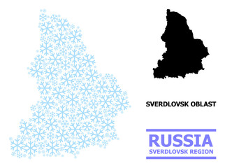 Vector composition map of Sverdlovsk Region organized for New Year, Christmas celebration, and winter. Mosaic map of Sverdlovsk Region is designed from light blue snow items.