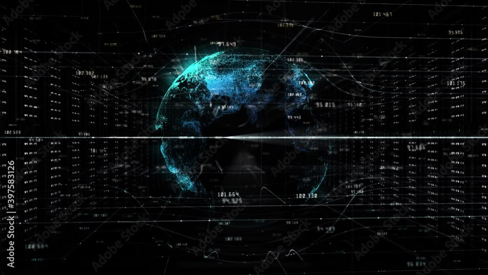 Poster digital data network in a server room of a data center. global 5g high speed internet connection and