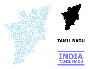 Vector mosaic map of Tamil Nadu State constructed for New Year, Christmas celebration, and winter. Mosaic map of Tamil Nadu State is formed from light blue snow items.