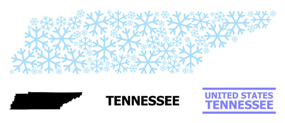 Obraz premium Vector collage map of Tennessee State created for New Year, Christmas celebration, and winter. Mosaic map of Tennessee State is created from light blue snow.
