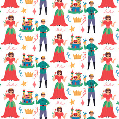 Fairy pattern prince princess castle. Children wallpaper for nursery decor. Modern flat vector seamless illustration