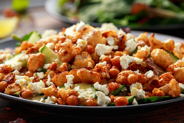 Roasted Cauliflower salad with chickpea, cucumber, greens and feta cheese. healthy food