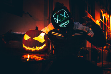Purge mask, halloween with pumpkin. LED mask, creepy scary man. Corona, Funny, October, outside....