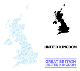 Obraz premium Vector composition map of United Kingdom done for New Year, Christmas celebration, and winter. Mosaic map of United Kingdom is done from light blue snow elements.