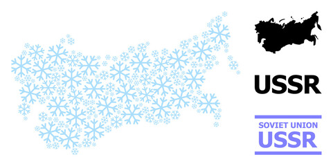 Vector mosaic map of USSR created for New Year, Christmas celebration, and winter. Mosaic map of USSR is done from light blue snow elements. Design elements for political and New Year projects.