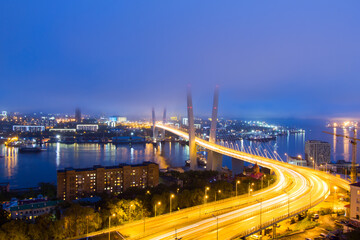 Fototapeta na wymiar night view of Zolotoy Rog Bay and Zolotoy Bridge, Vladivostok