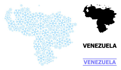 Vector composition map of Venezuela created for New Year, Christmas celebration, and winter. Mosaic map of Venezuela is designed of light blue snow items.
