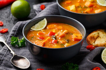 Curry soup with sweet potato, kale, chickpea, red pepper and chicken