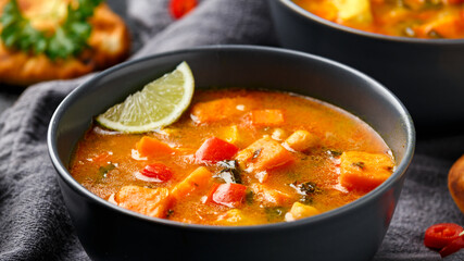 Curry soup with sweet potato, kale, chickpea, red pepper and chicken