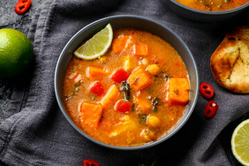 Curry soup with sweet potato, kale, chickpea, red pepper and chicken